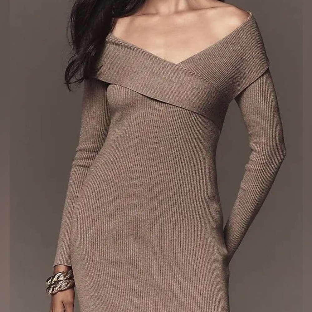 Anthropologie Ribbed Off-Shoulder Maxi Dress in Taupe